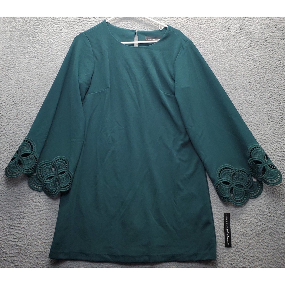 Clover and Sloane Shift Dress Womens M Green Eyelet kimono Sleeve Keyhole Back